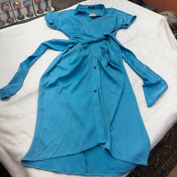 NWT BTFBM Blue Button-Down Ruched Midi Shirt Dress Size L Belted Office Career - Picture 5 of 11